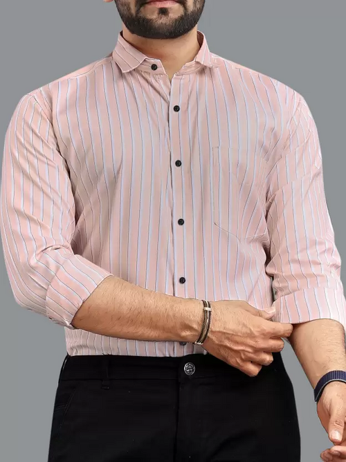 Men Regular Fit Striped Spread Collar Formal Shirt Peach (Size M)