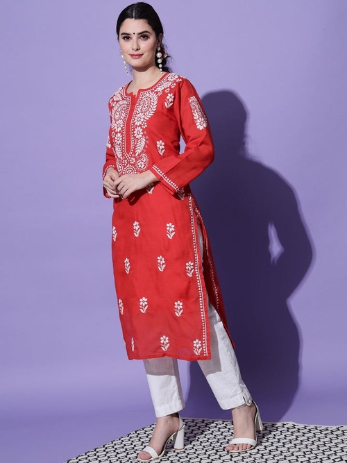 Hand Embroidered Chikankari Cotton Straight Kurta (Size-M) (Color-RED)