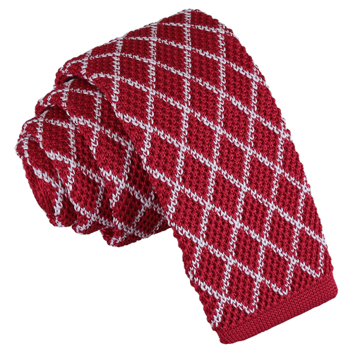 Diamond Grid Knitted Skinny Tie - White & Red