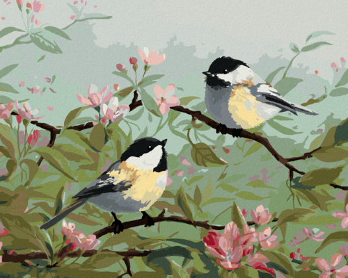 Zuty - Paint by Numbers - CHICKADEES AND A FLOWERING BRANCH (ROBERT