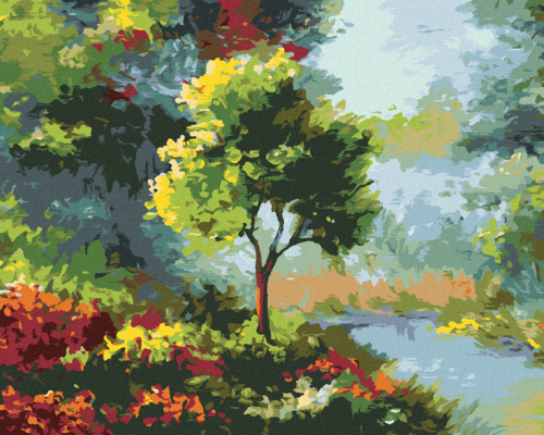 Paint by Numbers - TREE AMONG FLOWERS BY THE RIVER