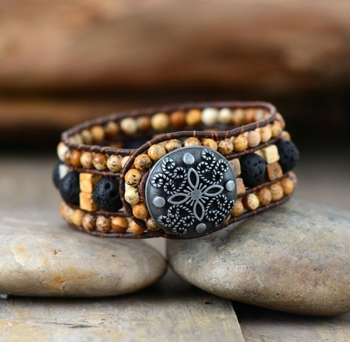 Cuff Bracelet Picture Japser Lava Stone Leather