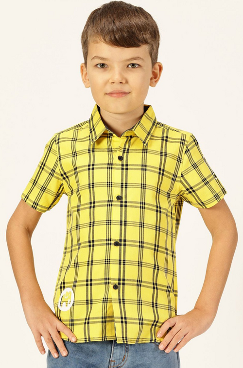 Boys Premium Spread Collar Windowpane Checked Cotton Casual Shirt