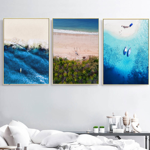 Blue Sea Beach Tree Ship Landscape Wall