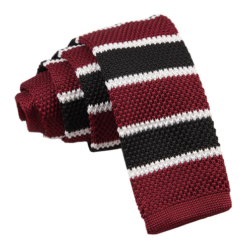 Knitted Stripe with 2 Borders Skinny Tie - Knitted Burgundy, Black