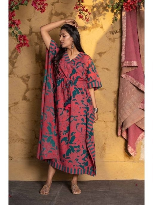 Green Pink Floral Printed Women Kaftan Dress