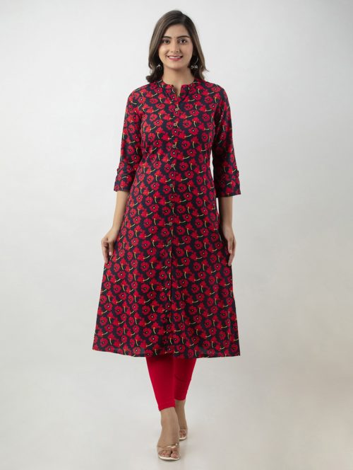 Mandarin neck printed a-line kurta (Size-XL) (Color-RED)