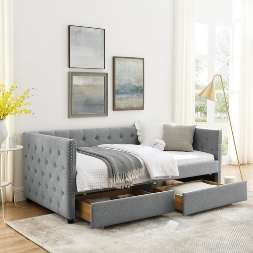 Upholstered Twin Size Daybed with Two Drawers, with Button and Copper