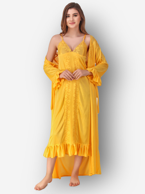 Romaisa Women's Satin Solid Yellow Maxi Length Nighty with Robe