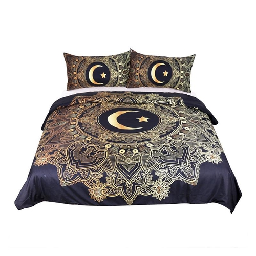 3 Pcs Golden Mandala Flowers Duvet Cover Black