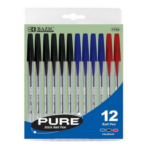 Bazic 1752  Pure Assorted Color Stick Pen (12/Pack) Pack of 24