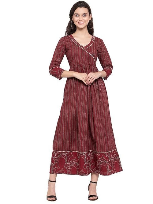 Cotton Striped Print A-Line Dress (Size-XL) (COLOR-WINE)