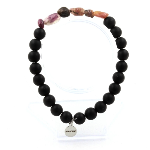 Rubellite Tourmaline + Matte black Onyx Bracelet 8 mm Beads.