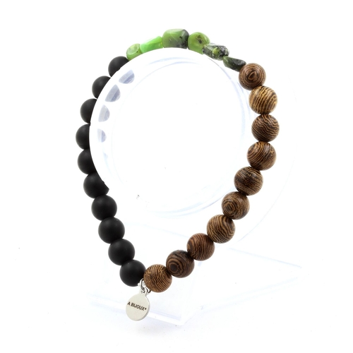 Nephrite Jade + Matte Black Onyx + Wood 8 mm beads Bracelet. 