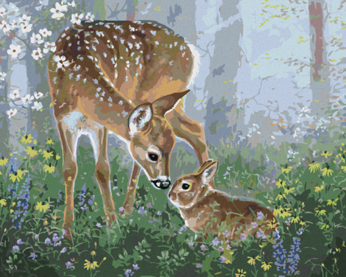 Paint by Numbers - A FAWN AND A RABBIT IN THE FLOWERS (ABRAHAM HUNTER)
