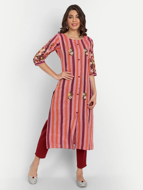 Pink cotton straight kurta Stripped Kurta (Size-L) (Color-MULTICOLOR)