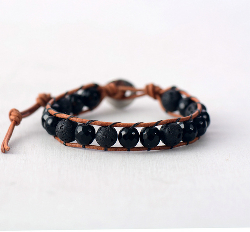 Men Leather Bracelet 8MM Lava Stone Onyx Leather
