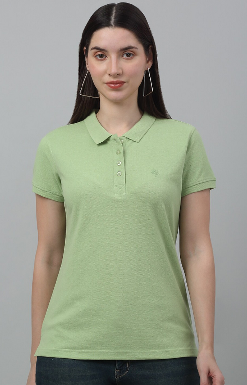 Women Solid Polo Collar T-shirt (ColorLight Green) (Size L)