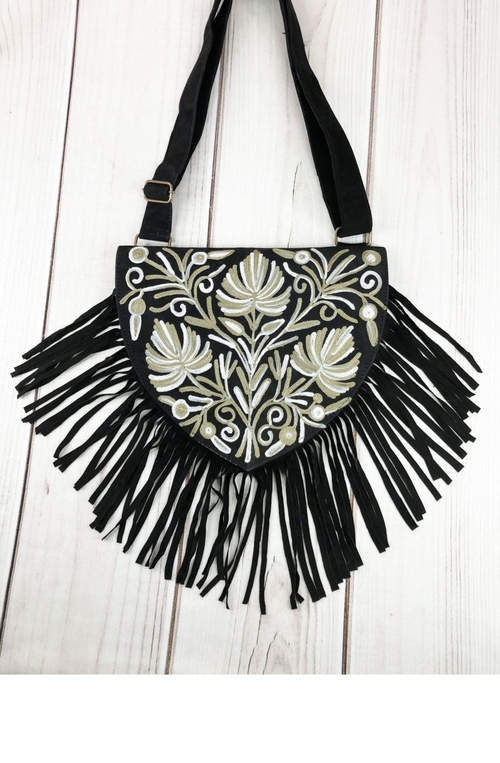 Fringed Handmade Suede Embroidered Heart Shaped Bag