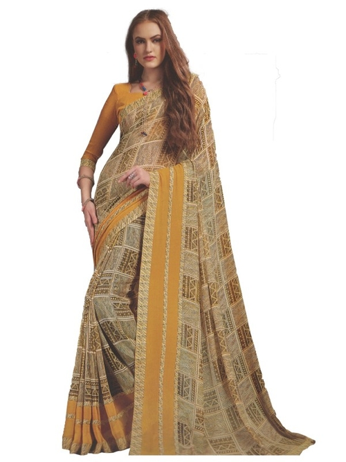 Georgette Digital Printed Saree With Blouse Yellow