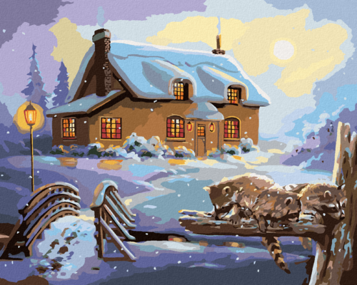 Zuty - Paint by Numbers - RACCOON AND HOUSE IN WINTER (D. RUSTY RUST),