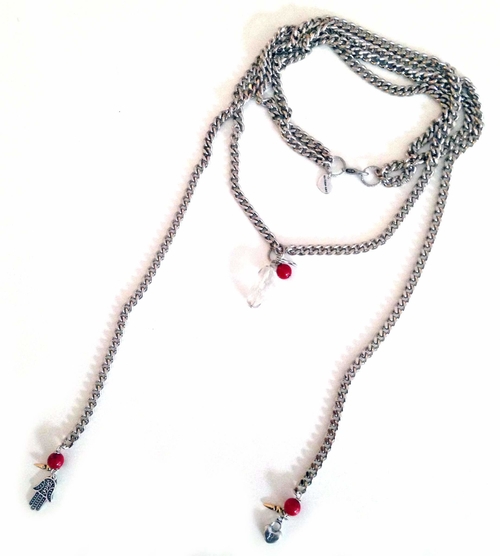 Valentine's Day necklace in silver, coral and hamsa.