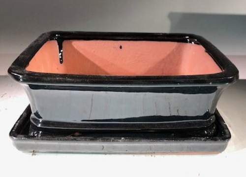 Black Ceramic Bonsai Pot - RectangleWith Humidity Drip Tray8" x 6" x