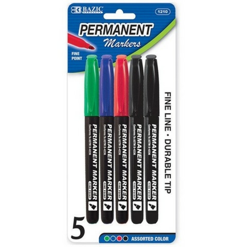 Bazic 1210    Asst. Color Fine Tip Permanent Markers w/ Pocket Clip (5