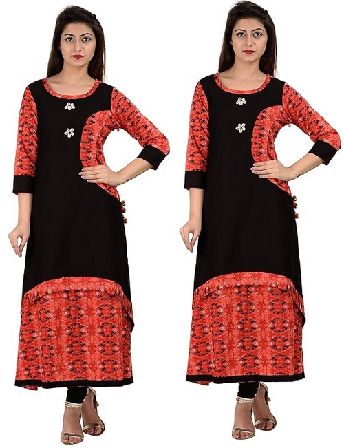 Ladies Designer Cotton Printed Double Layer Kurti PACK OF 2