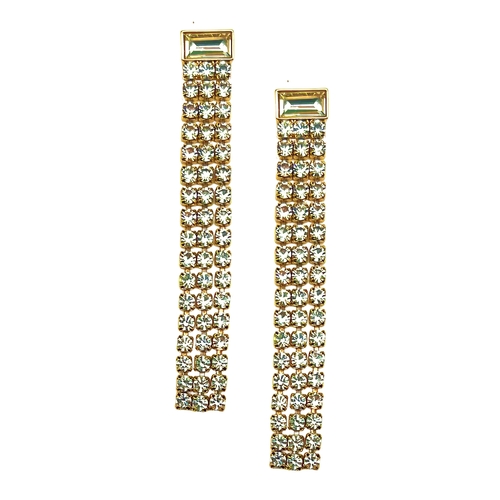 Statement Earrings with Baguette Rhinestone Top & Chain Fringe - Gold