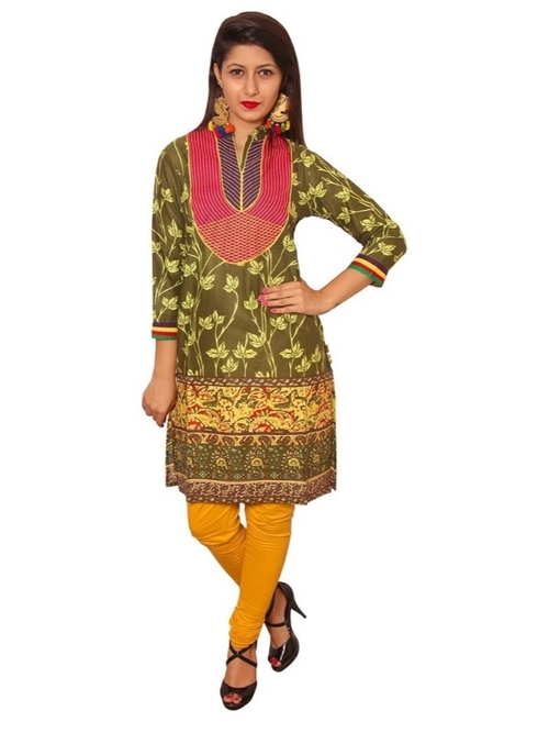 Green Cotton Straight Embroidery Kurti