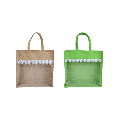 Green & Brown Color Transparent Window Jute Gift Bags