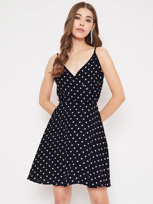 Women V Neck Polka Dots Printed A-Line Dress (Size-M) (Color-BLACK)