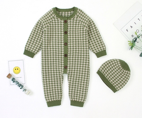 2PCS Toddler Baby Boy Girl Warm Romper Hats Plaid