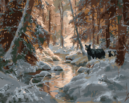 Paint by Numbers - BEAR WITH CUBS BY THE RIVER IN WINTER (ABRAHAM