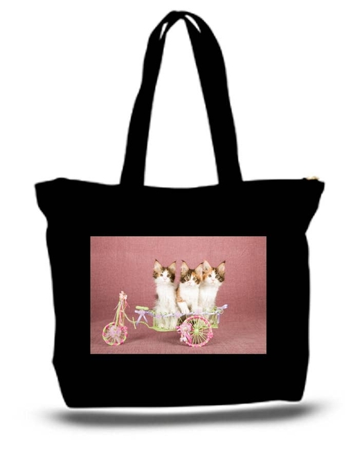 Three 3 Cute Kittens Large Tote New Zipper Bag