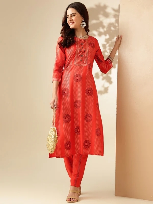 Women Embroidered Rayon Pant (Ethnic Sets) (Size-42) (Color-ORANGE)