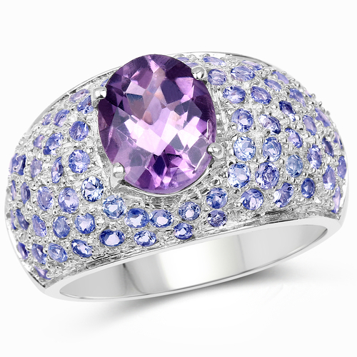 4.21 Carat Genuine Amethyst and Tanzanite .925 Sterling Silver Ring