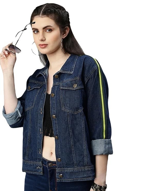 Women's Denim Jacket Cotton Blend Mild Wash Short Length WIth Stripped