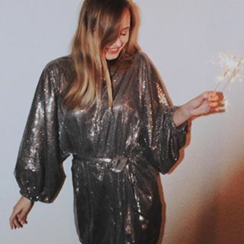 Gray Oversized Caftan Mini Dress In Sequin