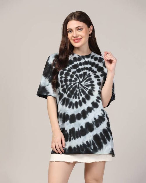 Women Tie & Dye Round Neck Pure Cotton (Size-2XL) (Color-WHITE&BLACK)