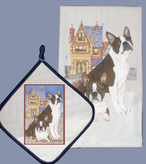 Pipsqueak Productions DP919 Dish Towel and Pot Holder Set - Boston Ter