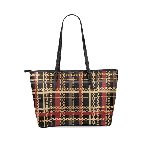 Large Leather Tote Shoulder Bag - Black Red and Gold Chain Link Print