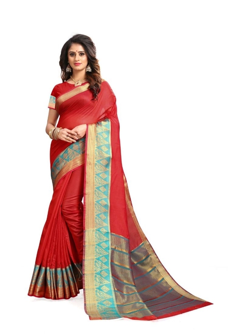 Generic Women's Cotton Silk Saree(Red, 5.5-6 Mtr)