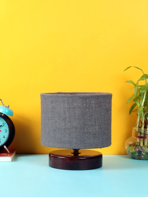 Grey Jute Table lamp with Wood Brown Brown Base