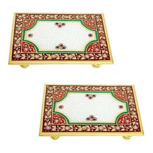 Rectangle Chowki for Home Puja Décor Painted Marble Aasan Approx Size