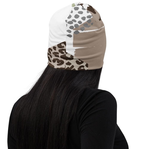 Womens Beanie Hat / Brown Taupe Print