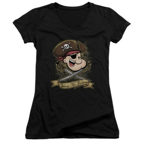 Popeye-Shiver Me Timbers Junior V-Neck Tee, Black - Medium