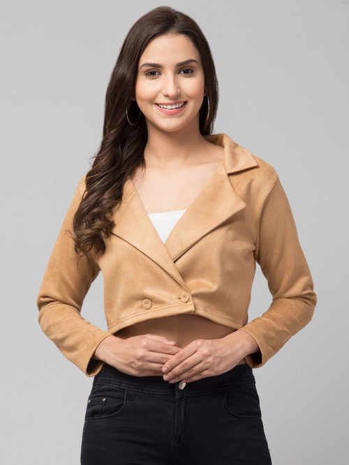 Women Solid Double-Breasted Casual Suede Blazer (Color Tan) (Size M)
