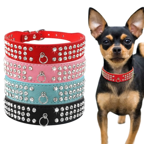 3 Rows Bling Diamond Rhinestone Suede Leather Pet